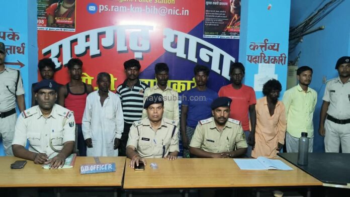 गिरफ्तार अभियुक्तों के साथ पुलिस पदाधिकारी